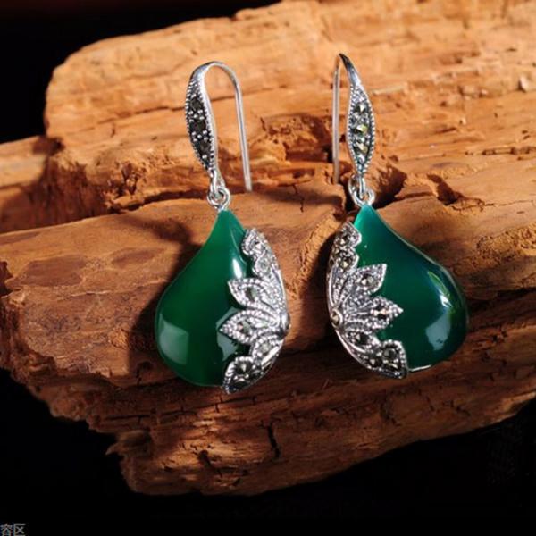Sterling Silver Marcasite Earrings Green Agate Retro Jewelry (JA1729GREEN)