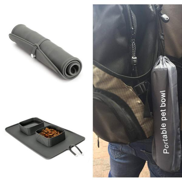 Double Collapsible Dog Bowls Travel Portable With Silicone Mat