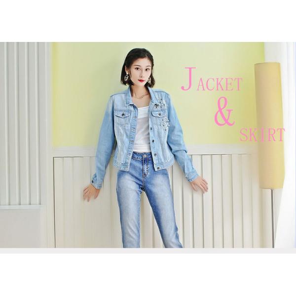 Blue Washed Ripped Ladies Fitted Denim Jacket With Pearls Slim Fit Style