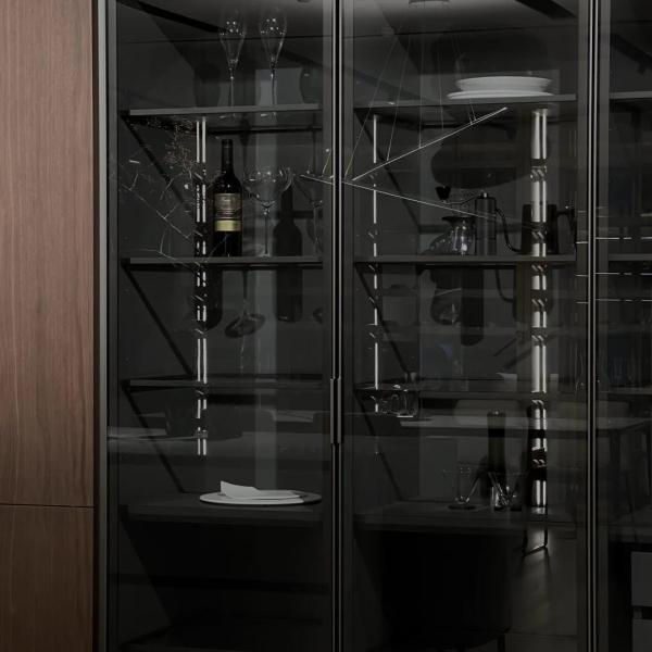 Apartment Antique Style Frame-Line Door Panel Kitchen With Glass Wine Cabinet Wood Veneer Kitchen Cabinet