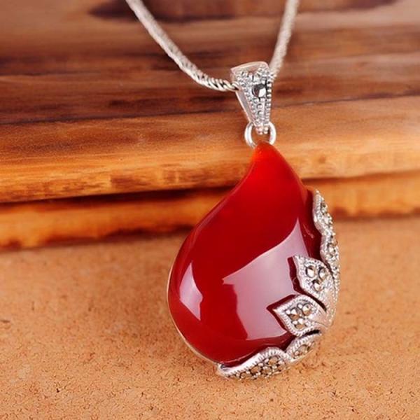 Vintage Jewelry 925 Silver Red Agate Marcasite Drop Pendant Necklace 18 Inches (JA1674RED)