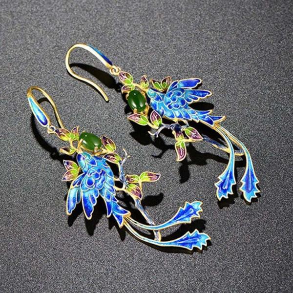 Gold Plated Stering Silver Drop Earrings with Cloisonne Enamel Phoenix Style Fashion Jewelry(E6050601BLUE)
