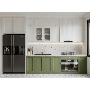China Light Green Solid Wood Kitchen Cabinets Island Shape Customization on sale