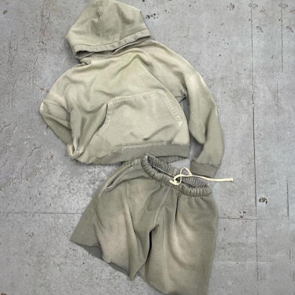 High Quality Plain Fleece Custom Blank Acid Washed Hoodie and Sweat Raw Hem Shorts Stone Sun Faded Two Piece Set Short Tracksuit