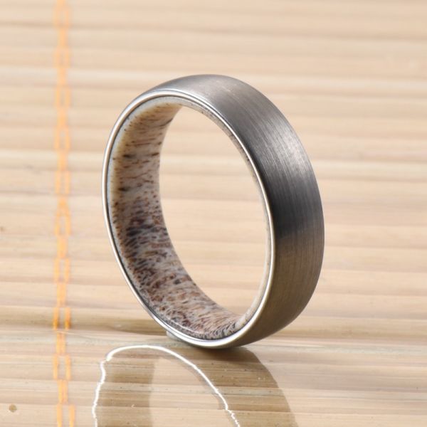 6mm Silver or Black Plated Wedding Engagement Band with Natural Deer Antler Inside Dome Edges Comfort Fit Geometric Shape