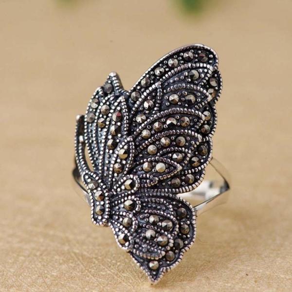 Women Vintage Butterfly Thai 925 Silver Marcastie Ring(MKS20213)