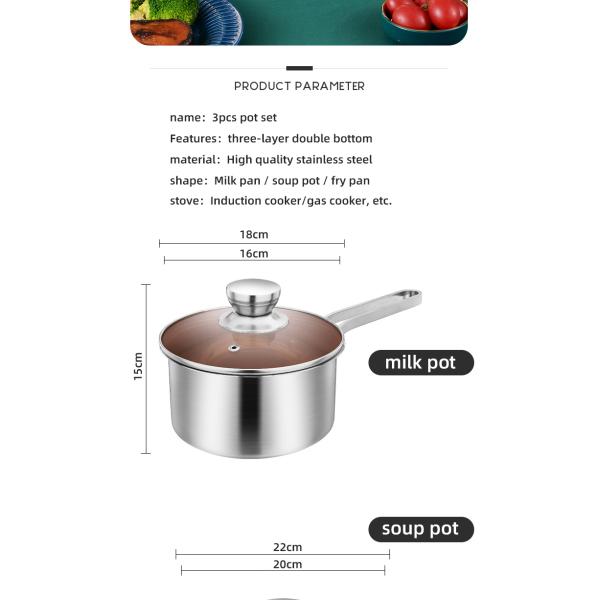 Factory Direct Kitchen Cooking Food Stainless Steel 3 PCS Cooking Pots And Pans Cookware Sets