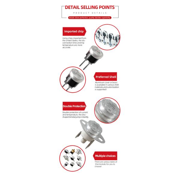 Bimetallic KSD301 Thermostat Thermal Switch Precision 250v 15a 80C Temperature Control