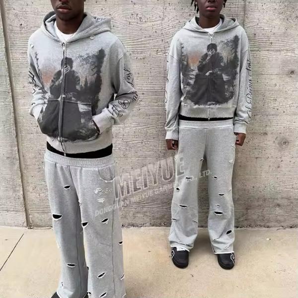 Custom Dtg Print Distressed Zip up Hoodie Flared Baggy Stacked Sweatpants Joggers Set Hoodie Tracksuits Sweat Suit Set Men