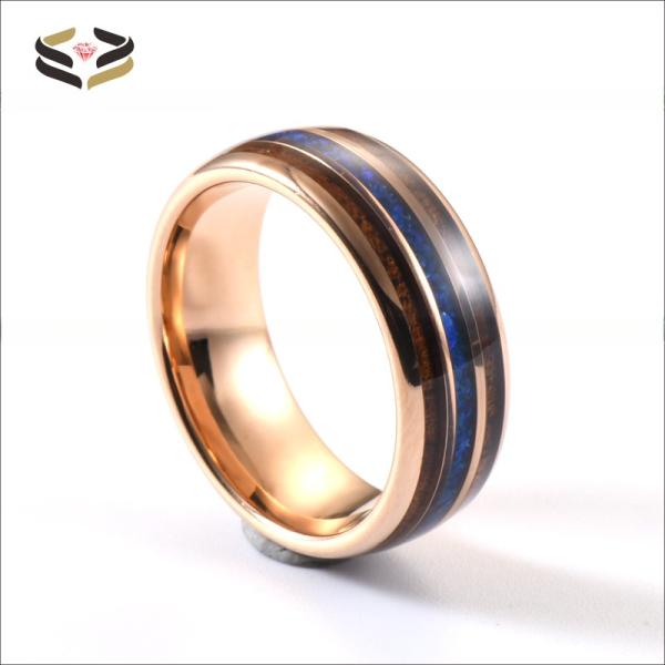 Rose Gold Plated Tungsten Carbide Ring with Koa Wood and Blue Opal Inlay Unisex 8mm Fashion Jewelry Wedding Bands Rings
