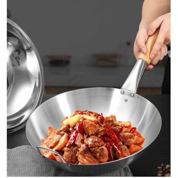 Multifunctional Kitchen Wok Pan Non Stick Stainless Steel With Wooden Handle
