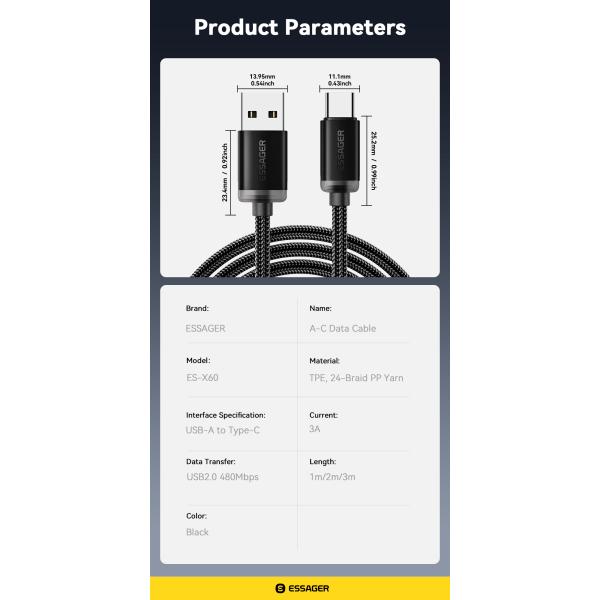 Essager USB A To C Cable USB C Charging Cord 60W 1m 2m 3m