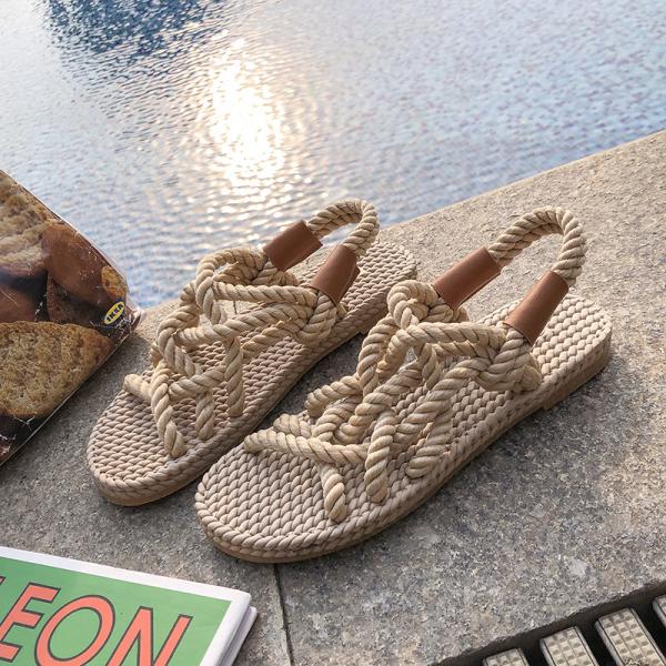 Y-Z Bohemian Summer comfort Women Ladies New Fashionable Open-toe Hemp Rope Woven Roman Flat Sandals