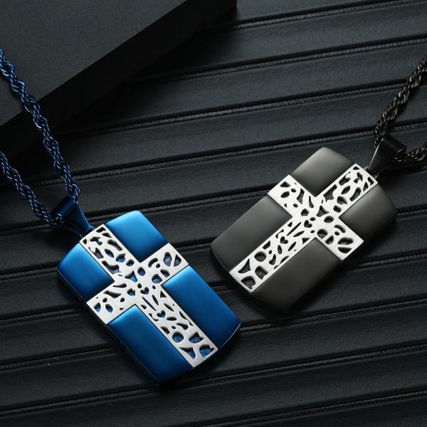 Stainless Steel Men's Cross Necklace Christian Jewelry Black Cross Pattern Square Necklace for Gift Occasion