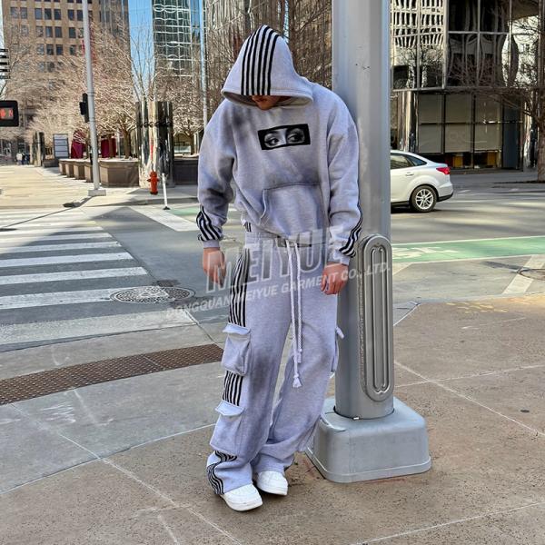 Custom Mens Double Waisted Striped Loose Track Pant Double Layer Waist Multiple Pocket Cargo Baggy Sweatpants