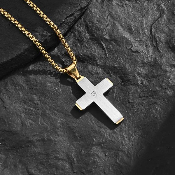 Men's Cross Pendant Necklace in Black Satin and Stainless Steel Unique Style