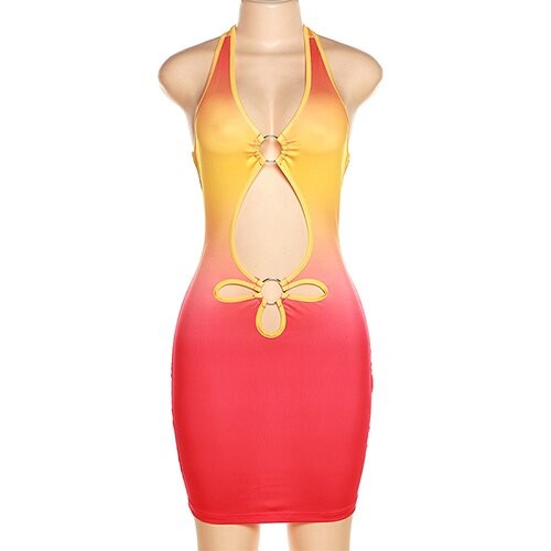 OEM maufactory European and American style 2023 spring women's new sexy hollow hanging neck open back gradient colorful