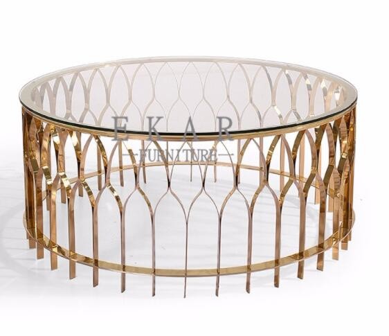 Round Modern Rose Gold Stainless Steel Glass Coffee Table For Living Room