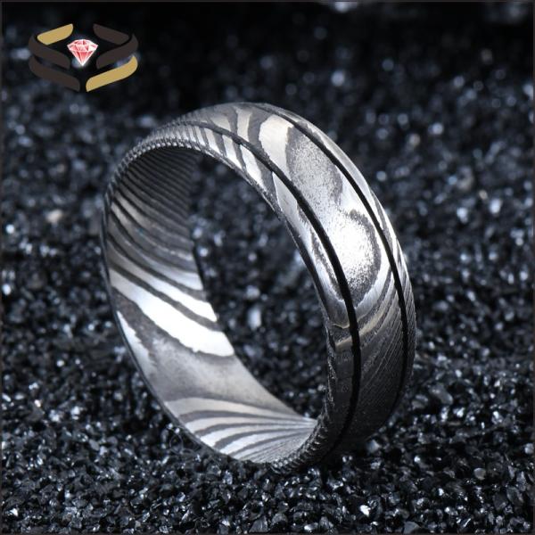 Men Black Damascus Steel Ring 8mm Double Groove for Engagement Wedding