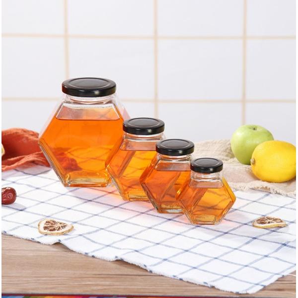 Custom SGS Glass Storage Bottles Hexagon Honey Jars 0.5L To 1L Wooden Lid