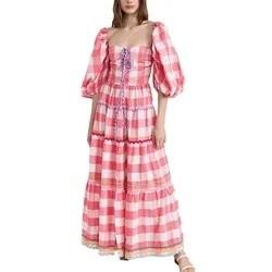 Quality                  Ladies Puff Sleeve Dress for Women Ruching Checks Clothing Manufacturers Elegant Cotton Custom Logo Maxi Dress              wholesale