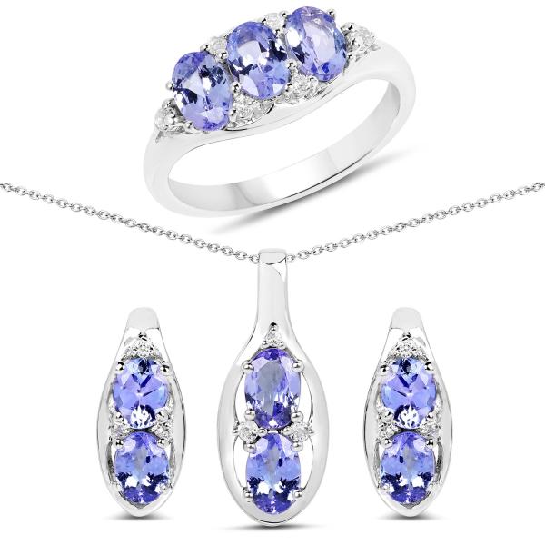 3.12 Carat Genuine Tanzanite And White Topaz 3 Piece Necklace 925 Sterling Silver