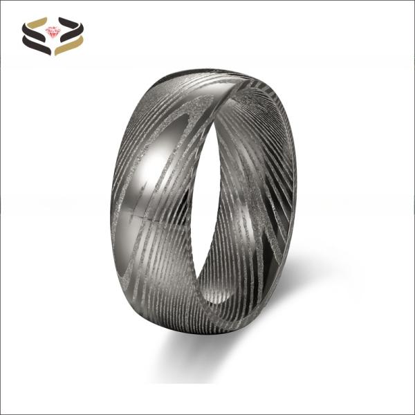 Men 8mm Damascus Steel Wedding Band Dome Finished Pearl Type Included Half Size Gun Color Plated