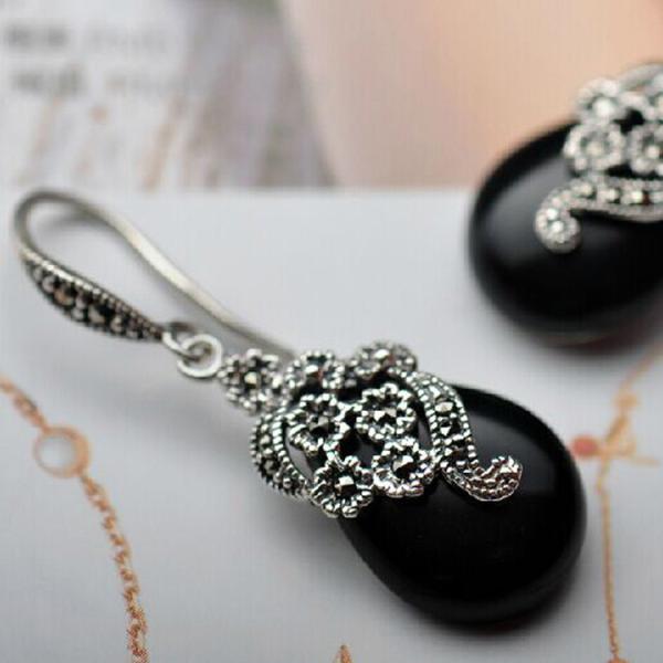 Retro Jewelry Thai 925 Silver with Marcasite Black Onyx Earrings(LR1036BLACK)