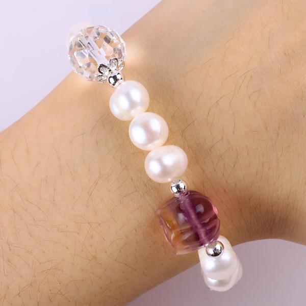 Natural Freshwater Pearl Bracelet Elastic With Purple Fluorite Rose Flower Carving