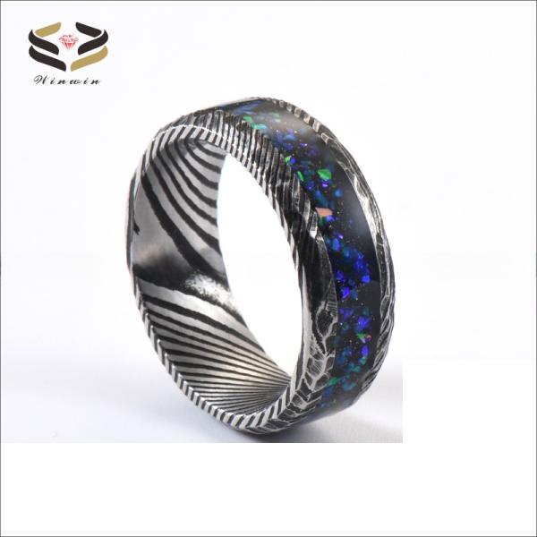8mm Damascus Steel Wedding Band Ring Galaxy Opal Inlayed For Men
