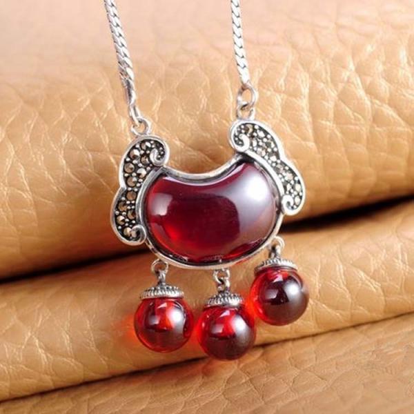 Vintage Sterling Silver Marcasite Red Agate Pendant Necklace Luck Kids Jewelry(N11063)
