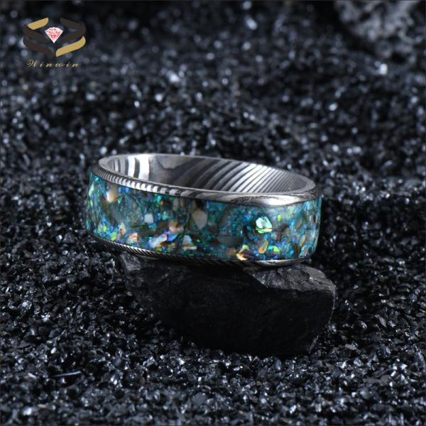 8mm Damascus Steel Men'S Wedding Band With Colorful Opal And Shell Inlay
