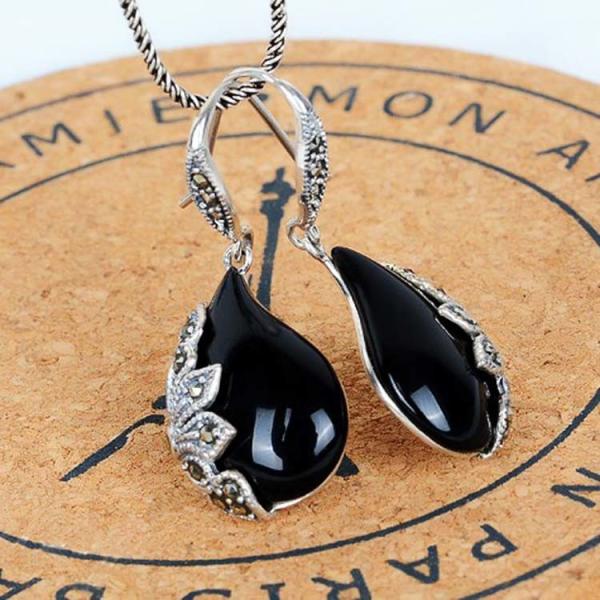 Sterling Silver Marcasite Earrings Black Onyx Retro Jewelry (JA1729BLACK)