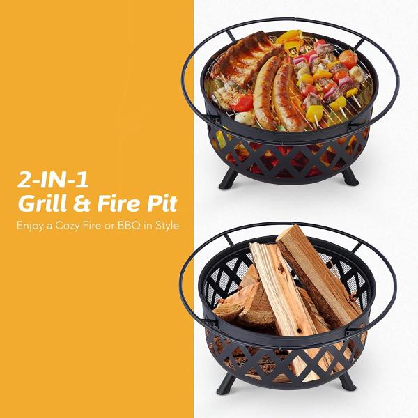 Round Portable Wood Burning Fire Pit Camping Bonfire With BBQ Grill