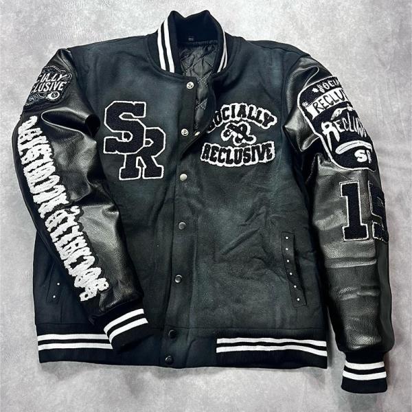Custom Men Leather Sleeves Chenille Embroidery Black Varsity Jacket Letter Embroidery Patchwork Letterman Varsity Bomber Jacket