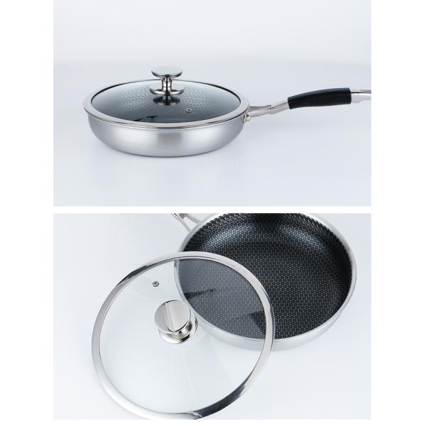 Custom Logo 304 Stainless Steel Frypan Non Stick Universal Oil Free With Glass Lid