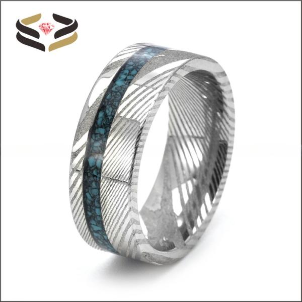 Custom Men's Damascus Steel Rings Round With Galaxy Opal Turquoise Wood Inlay