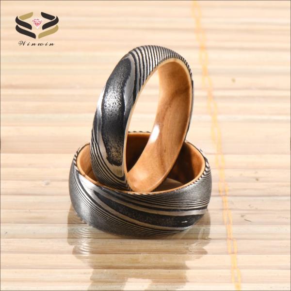 Etched Wedding Damascus Steel Rings Olive Wood Sleeve Inlayed 6mm 8mm For Christmas Gift