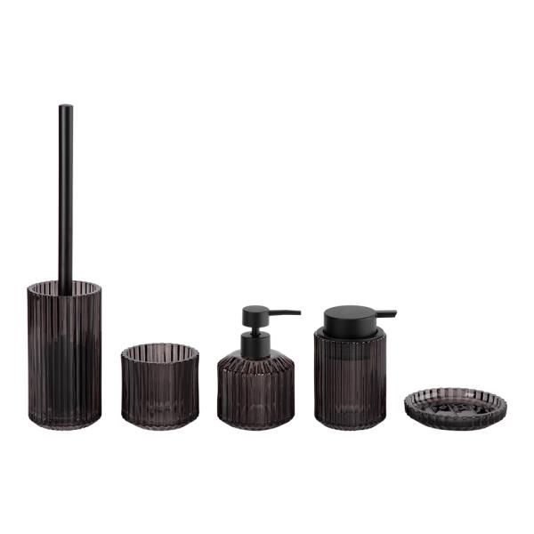 5pcs Glass Bathroom Accessories Set Black With Round Shape Ribbed Vertical Stripe