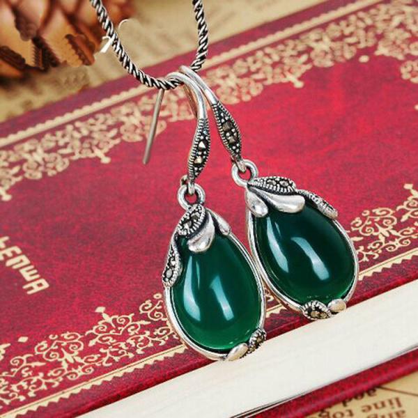 Retro Jewelry Thailand Silver with Marcasite and Green Agate Earrings (JA1750GREEN)