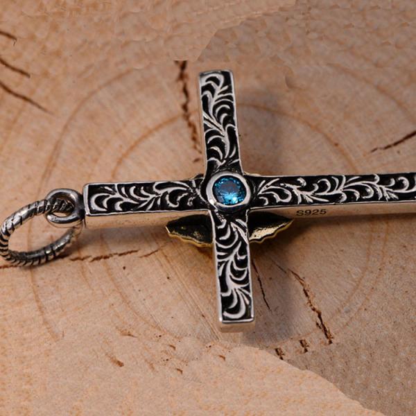 Womens Men Sterling 925 Silver Golden Tone Retro Cross Pendant Necklace (053542)