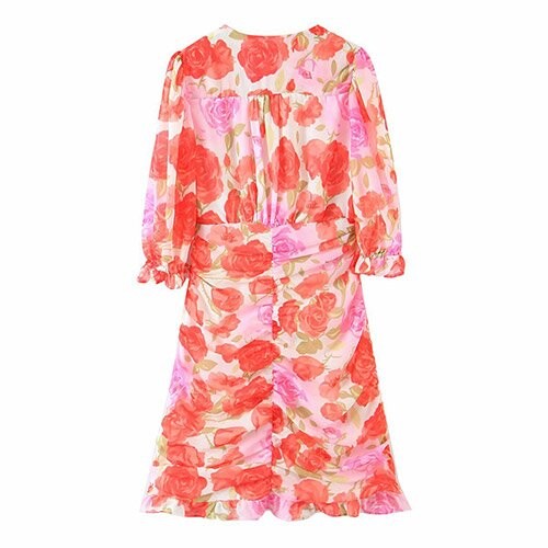OEM maufactory Oil Painting Rose Printed Pleated V Neck Polyester Short Sleeve Dress