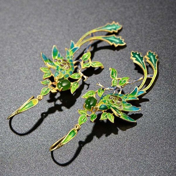 Gold Plated Stering Silver Drop Earrings with Enamel Phoenix Style Fashion Jewelry(E6050601GREEN)
