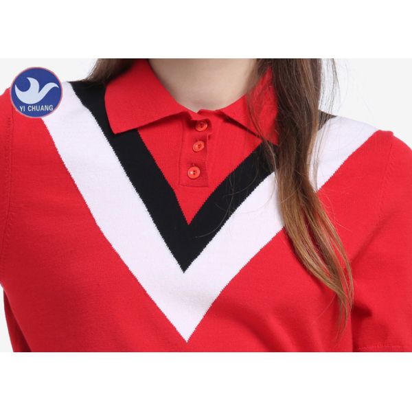 Red Short Sleeve Turtleneck Sweater , Knitted Polo Neck Jumper Buttons Closure Pullover