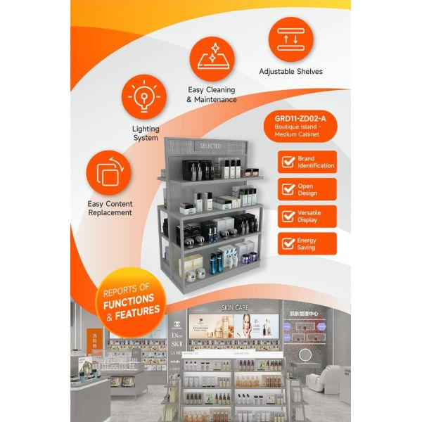 GDR11-ZD02-A Cosmetics Retail Display with LED Light Strips and T-Pillars and Power Tracks for Retail Stores