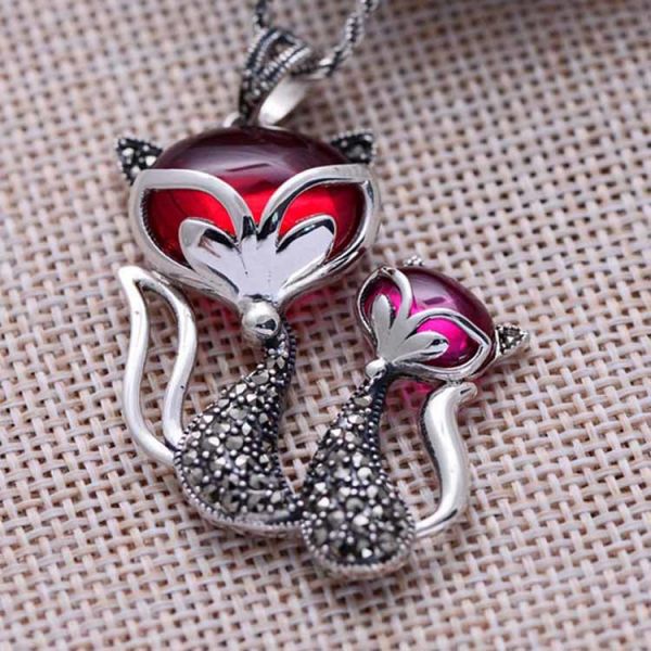 Women Sterling Silver Marcasite Synthetic Ruby Double Fox Retro Necklace(XH057430)