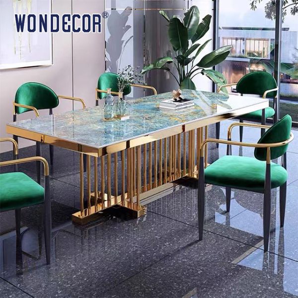 Hotel Luxury Furniture Art Marble Countertop Kitchen Table Stainless Steel Gold Plated