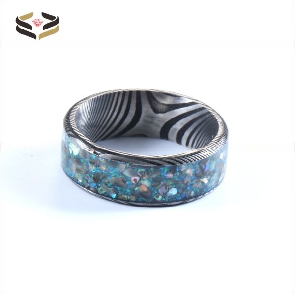 8mm Damascus Steel Men'S Wedding Band With Colorful Opal And Shell Inlay