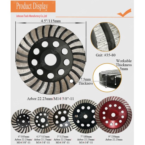 Out Diameter 125mm Turbo Cup Diamond Grinding Wheels Grit # 60/80 For Stone Or Concrete