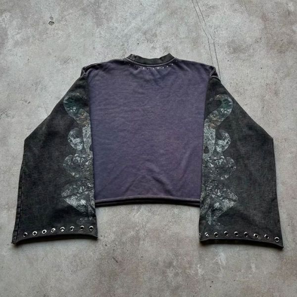 Custom Streetwear Hip Hop 100% Cotton Raw Hem Cropped Tee Metal Rivet Stone Wash Vintage Long Flared Sleeve T-shirts for Men